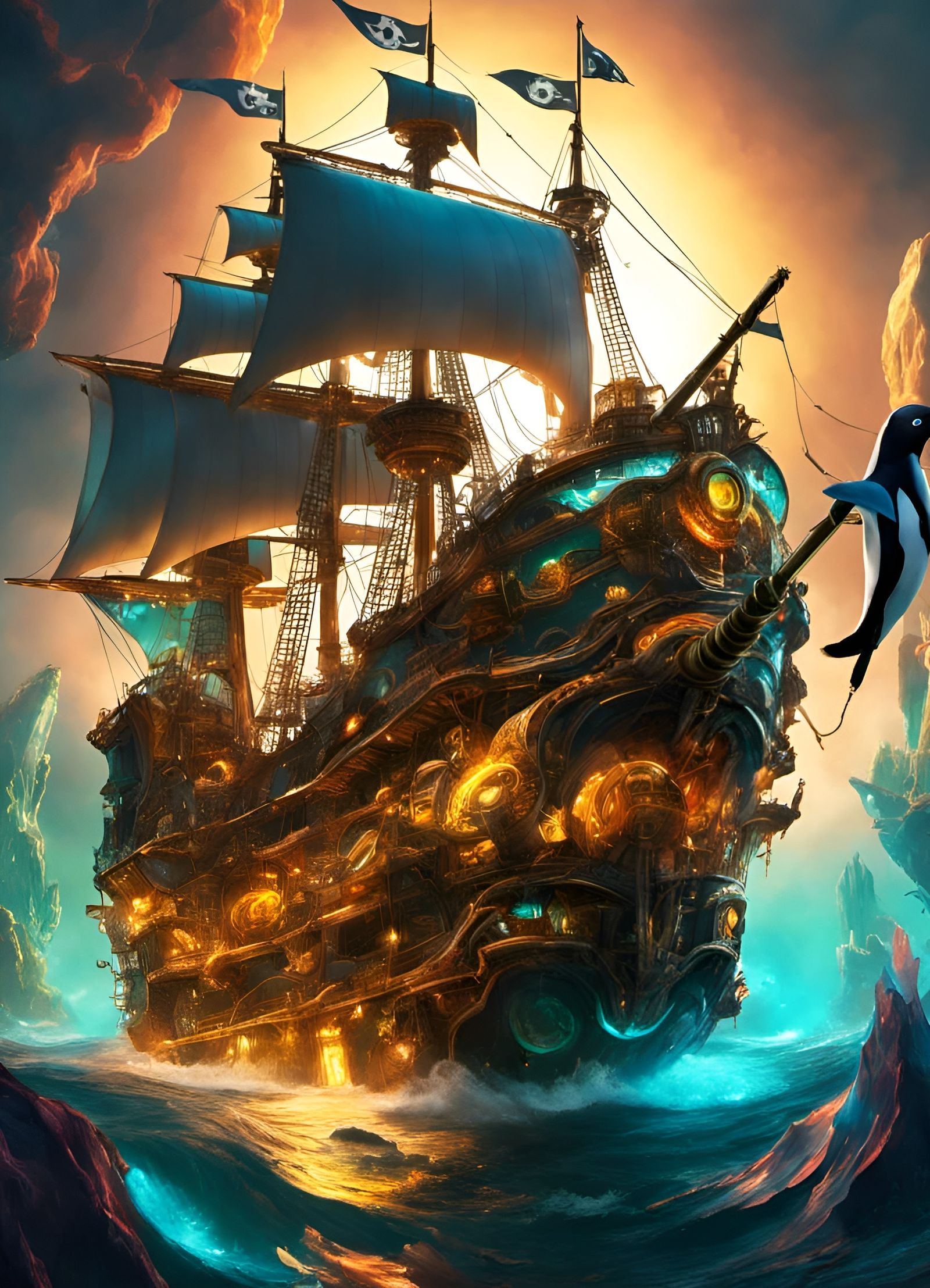 Bioluminescent Pirate Penguin Ship: Fantasycore Art