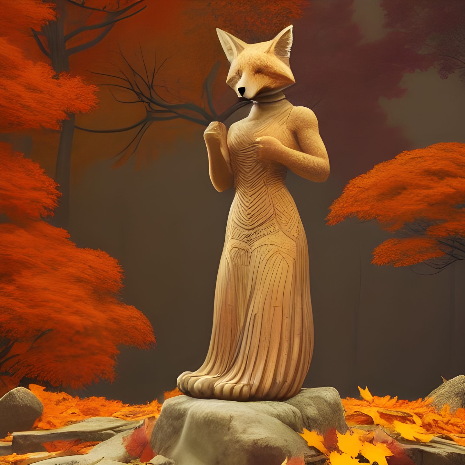 Fox-Headed Woman Autumn Statue: Digital Illustration