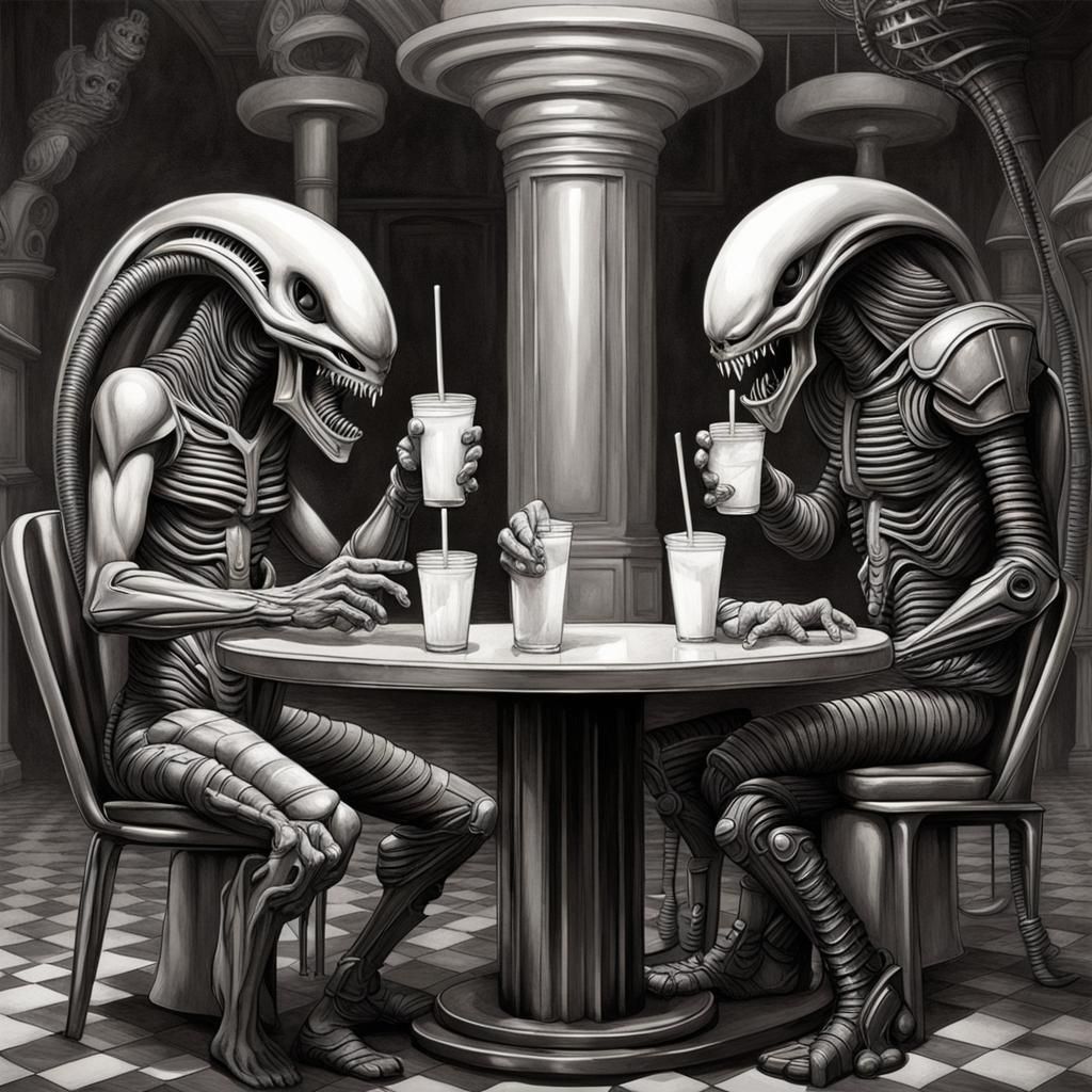 Alien and Predator Enjoying Milkshakes in Surreal Style