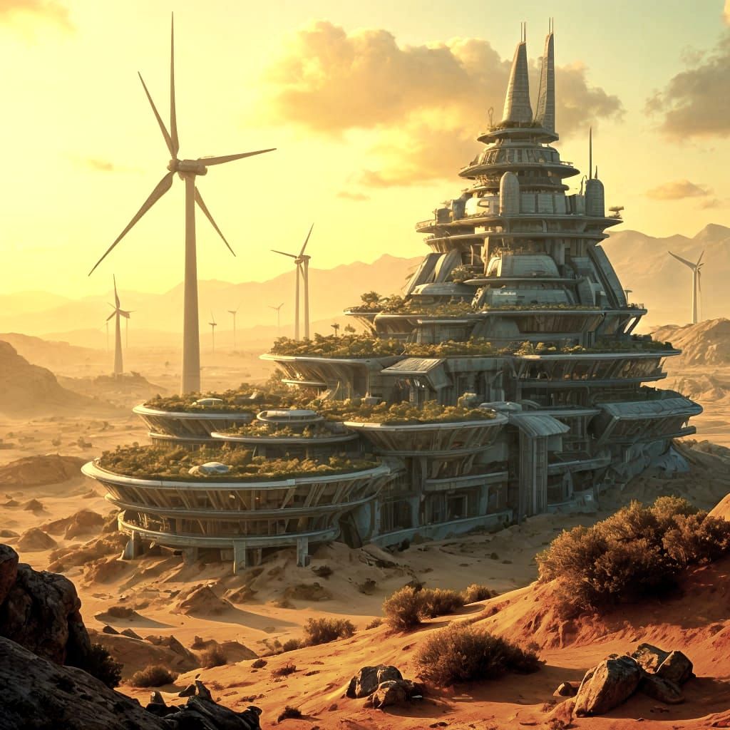 Futuristic Eco-City Arcology in Desert Sunset