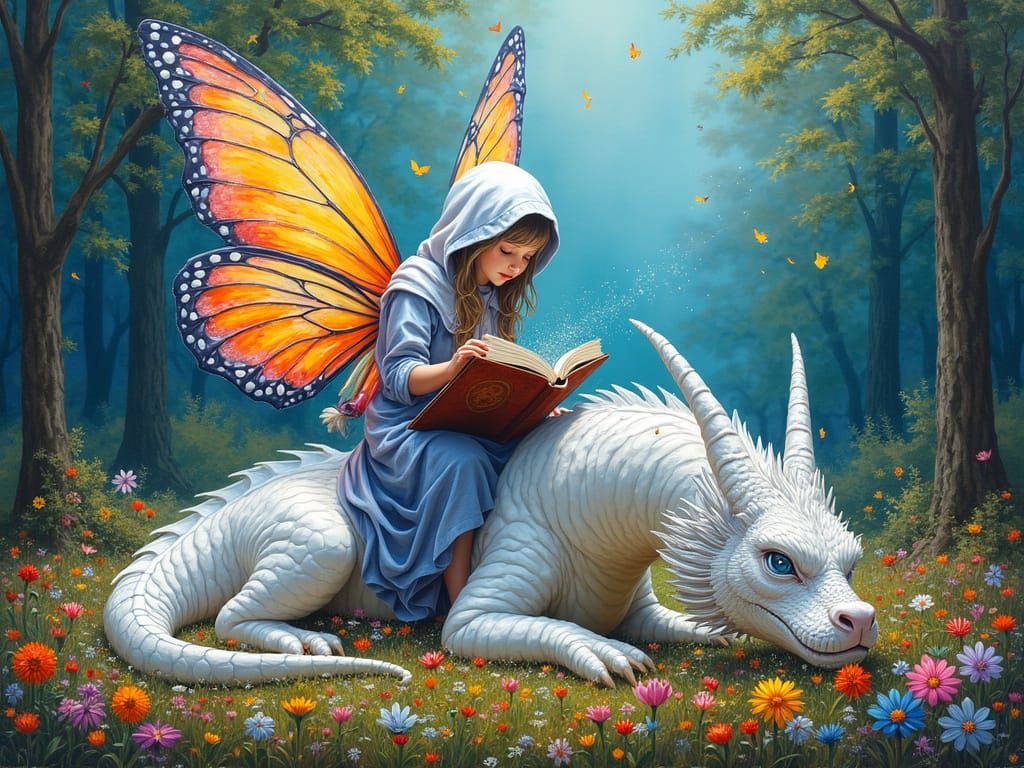 Vibrant Fantasy Scene with White Dragon and Hooded Fairy