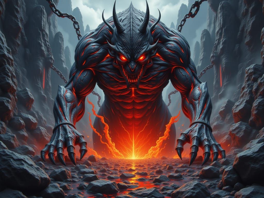 Demonic Creature With Lava Cracks and Fiery Eyes