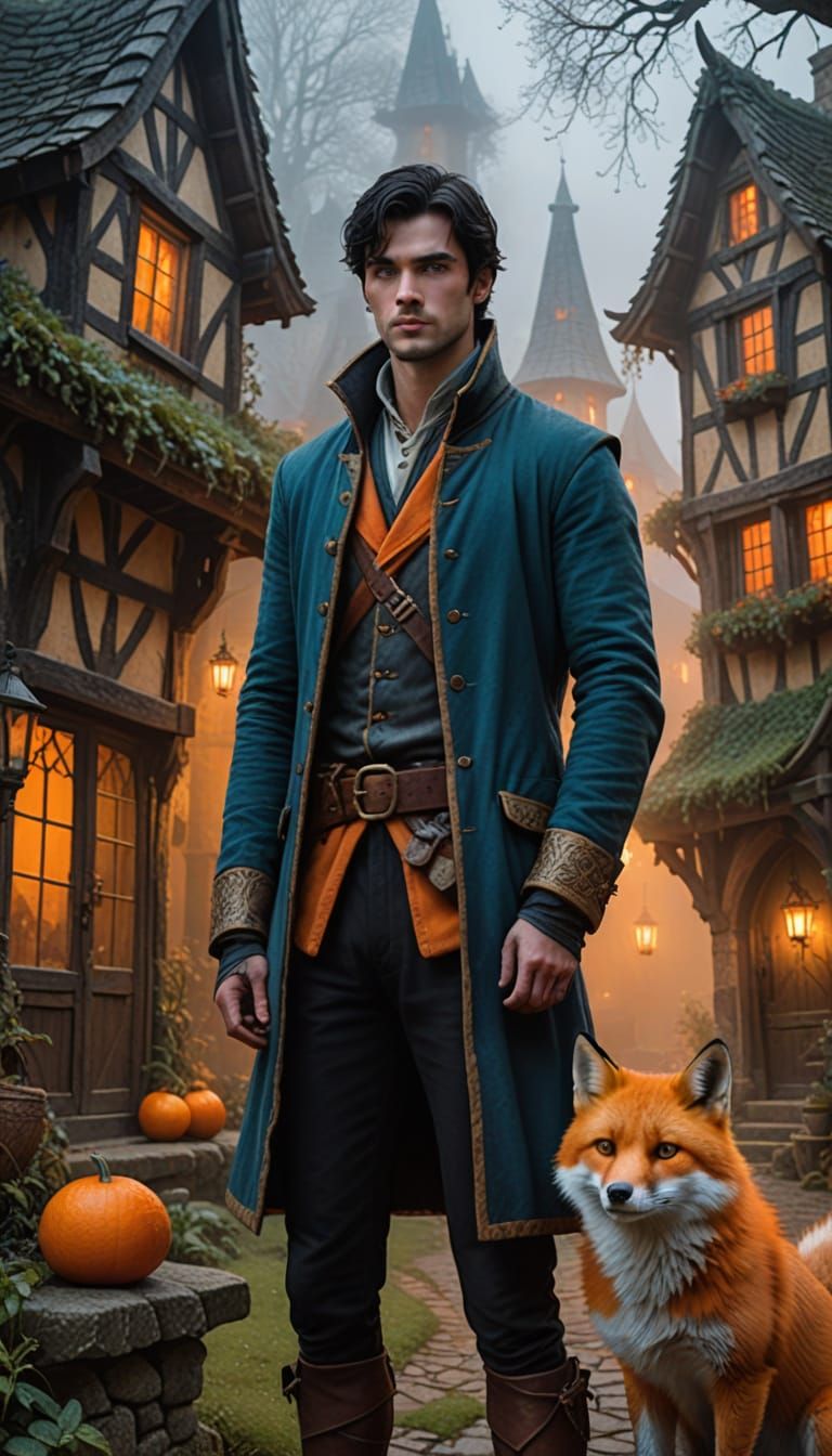 Medieval Knight Stands Beside Enchanted Fox in Mystical Vill...