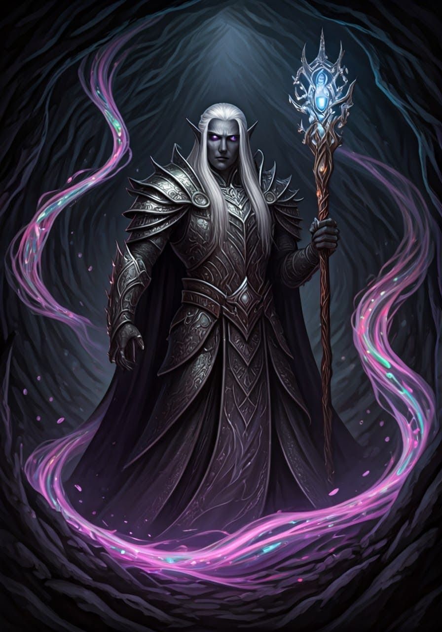 Drow Wizard in the Underdark Wielding Arcane Energy
