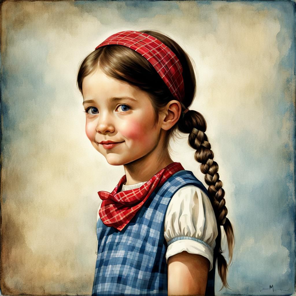 Charming Watercolor Portrait of Girl with Pigtails