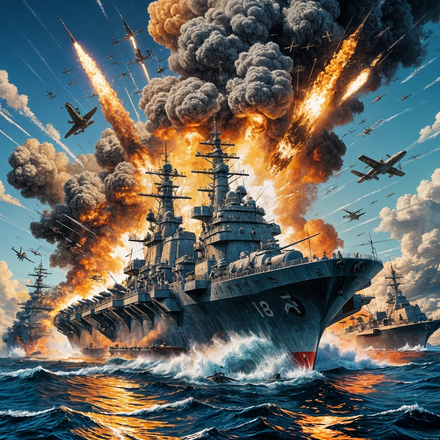 Dramatic World War II Naval Battle in Comic Book Style