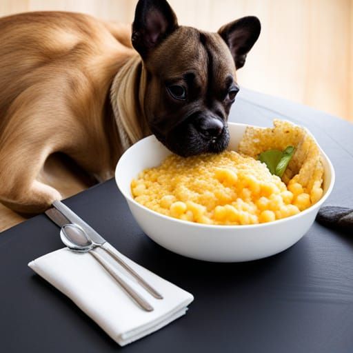 Golden French Bulldog Enjoys Macaroni and Cheese