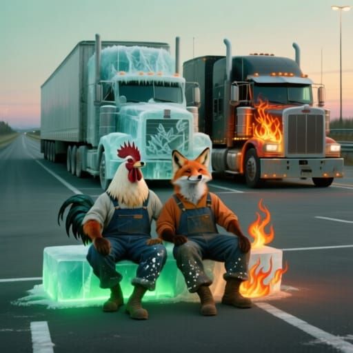Rooster & Fox Truck Drivers in Pre-Raphaelite Style