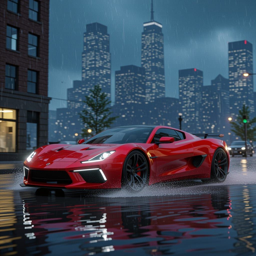 Red Sports Car Navigates Flooded City in Cinematic Style