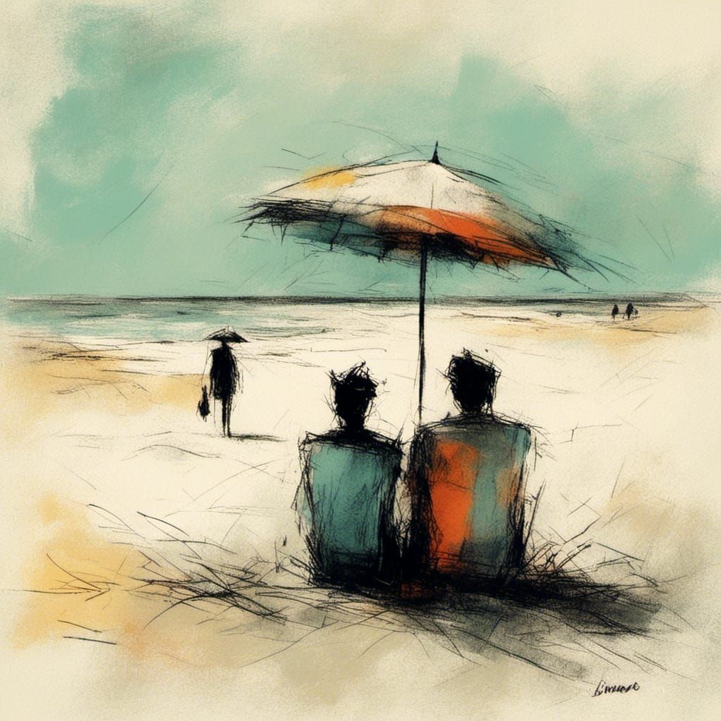 Romantic Beach Rendezvous in Scribble Art Style