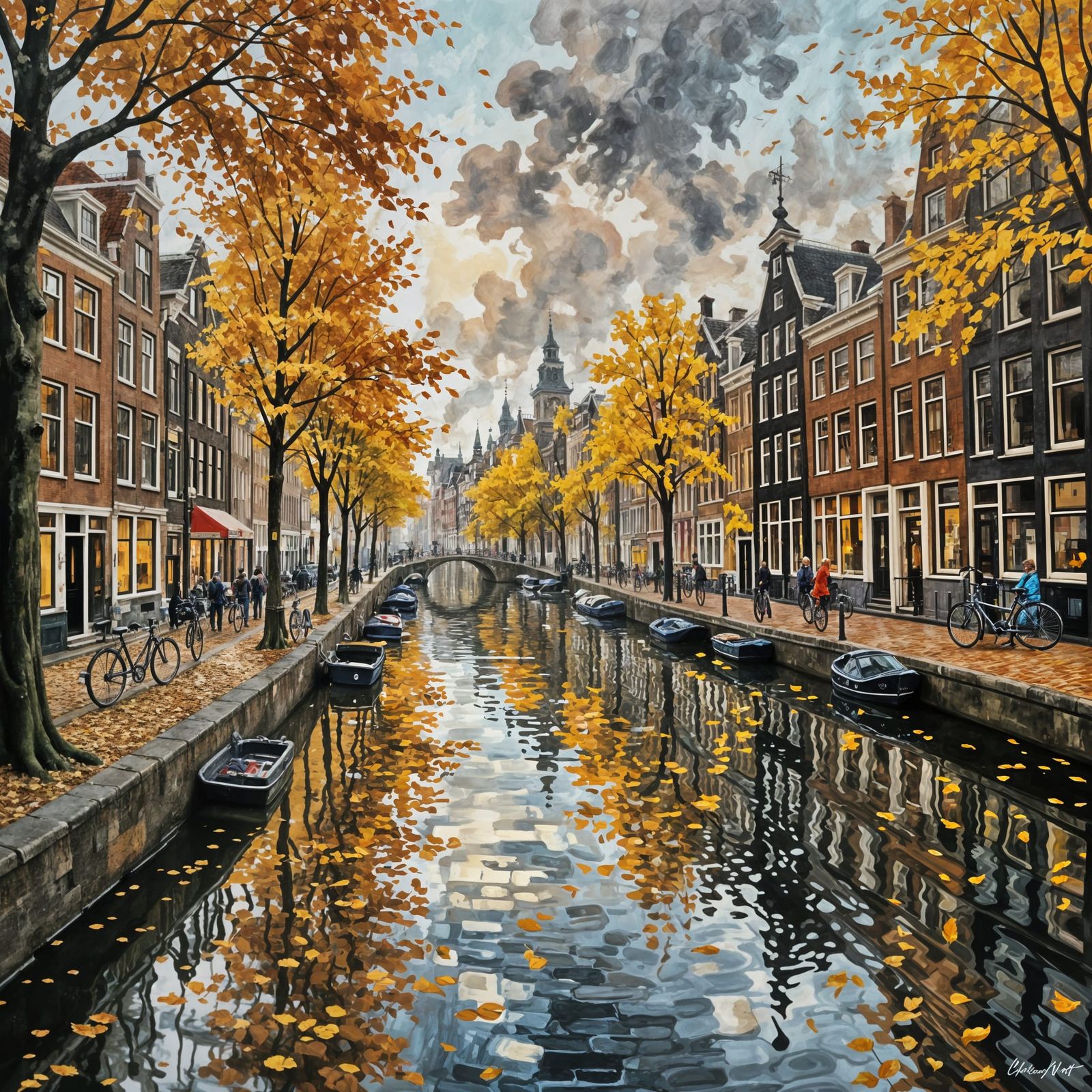 Amsterdam Autumn Day in Impressionistic Style