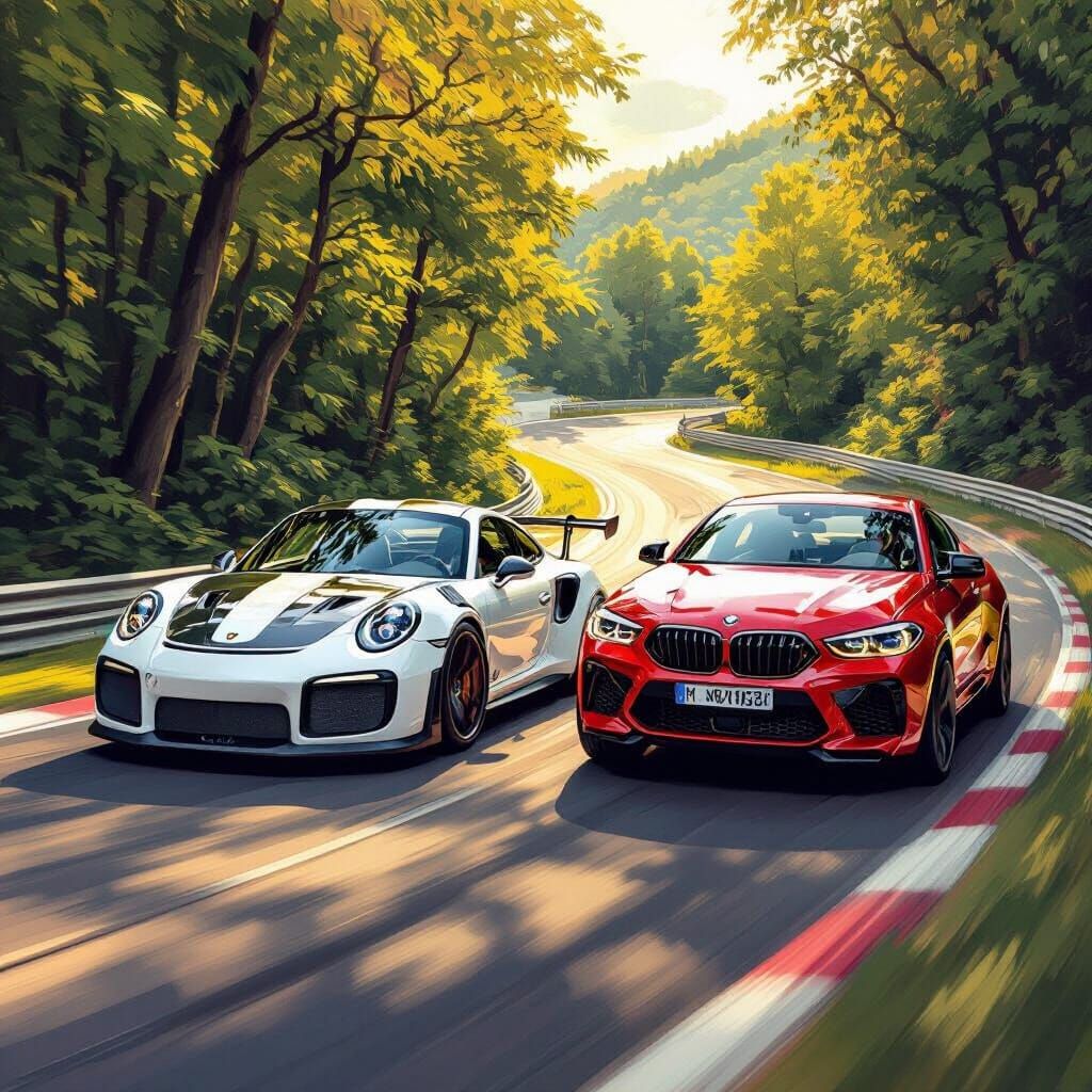 Porsche and BMW Race: Art Nouveau Digital Painting