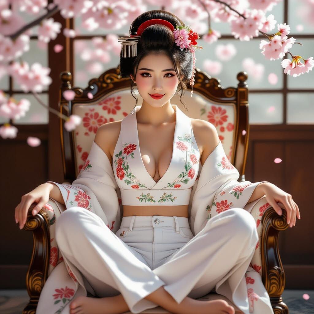 Geisha in Embroidered Top and Jeans on Ornate Chair
