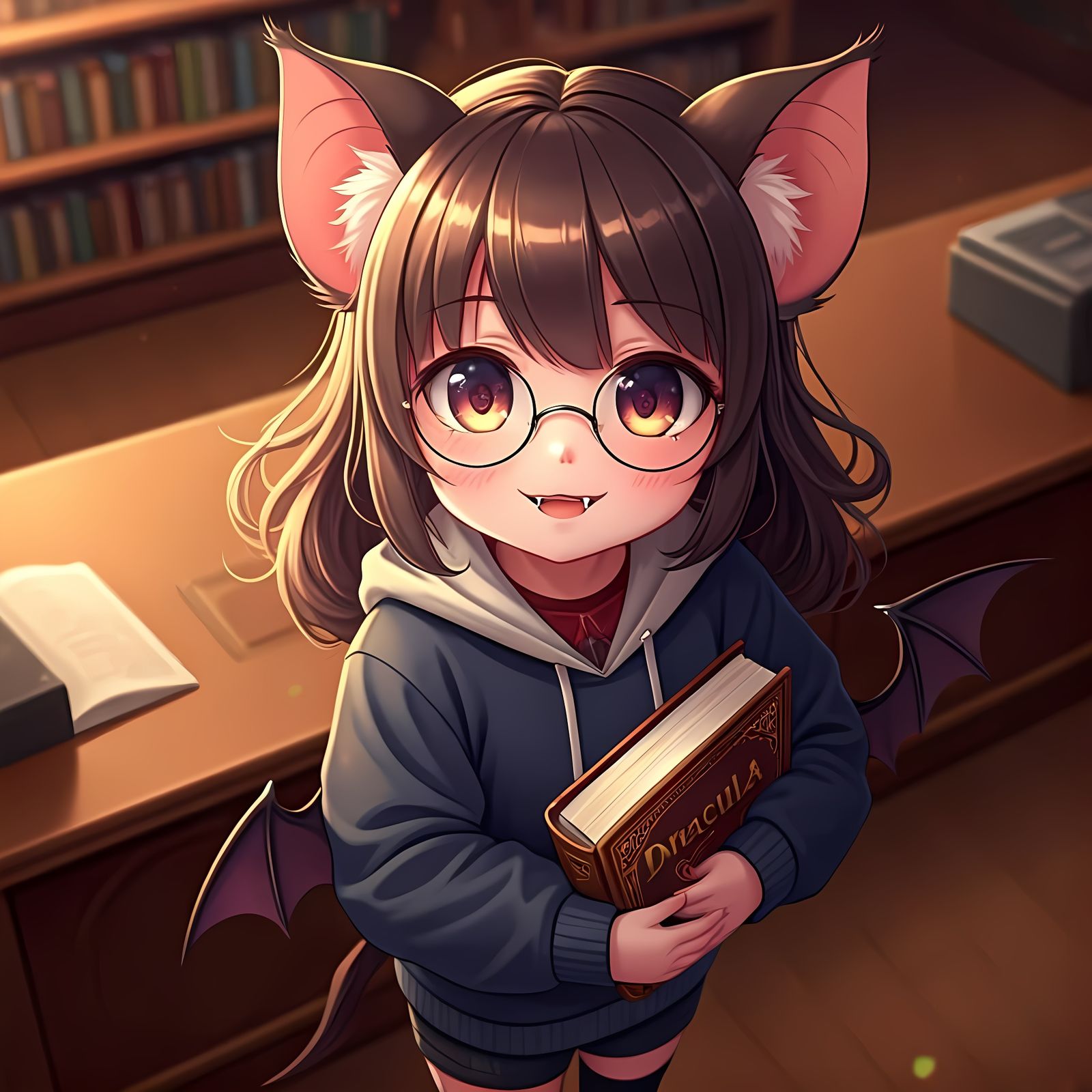 Adorable Anthro Bat Girl in Library: Kawaii Manga Art
