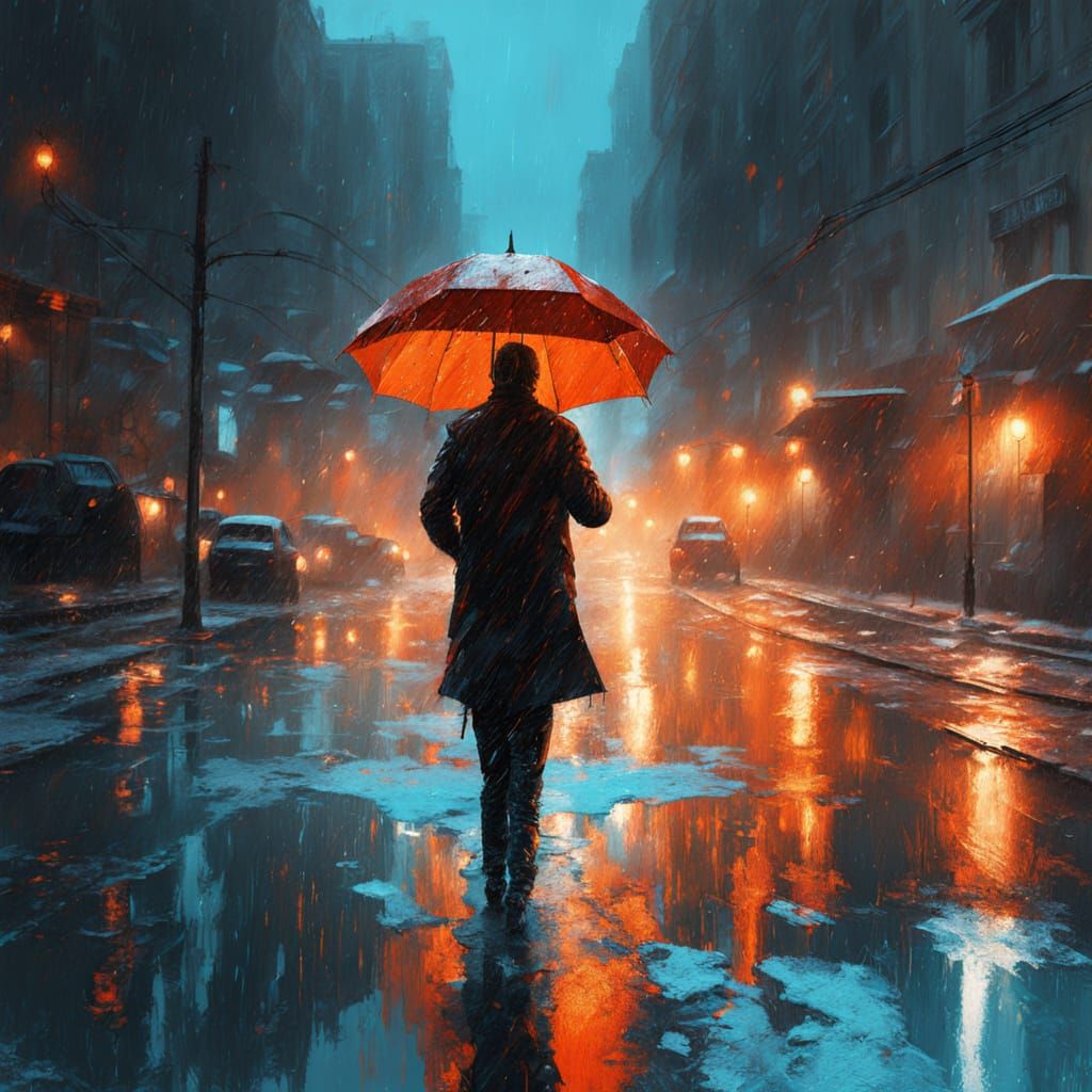 Urban Solitude: Figure in Rainy Night Impasto Painting