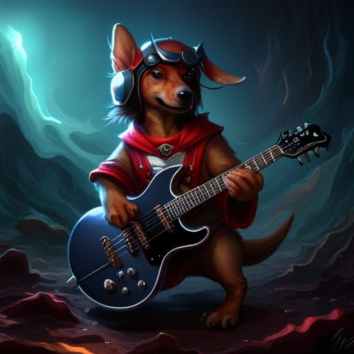 Devil Daschund Shreds Guitar: Dark Fantasy Art