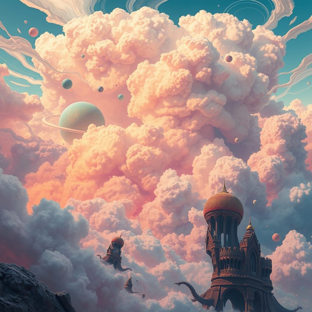 Surreal Dreamscape with Swirling Clouds and Abstract Shapes