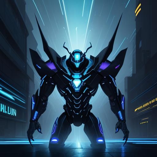 Blue Silver Beetle Alien in Neon-Noir Cityscape