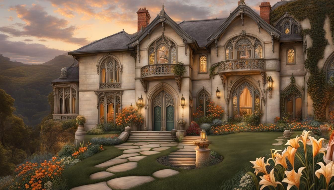 Victorian Manor with Stone Path and Tiger Lilies