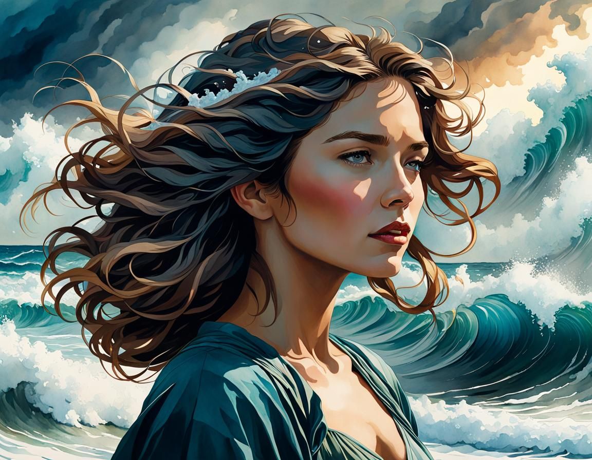 Woman and Ocean Waves in Watercolor Style