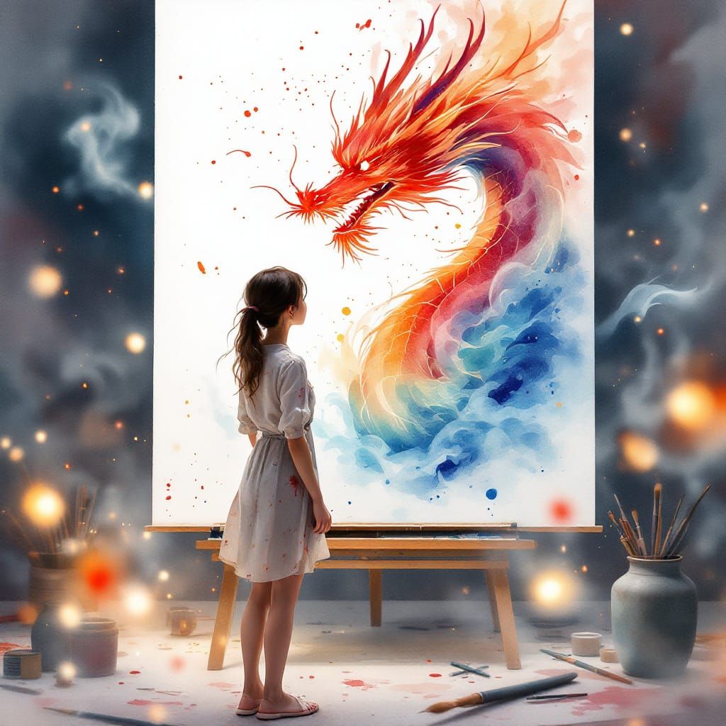 Female Painter Creates Living Dragon in Watercolor Studio