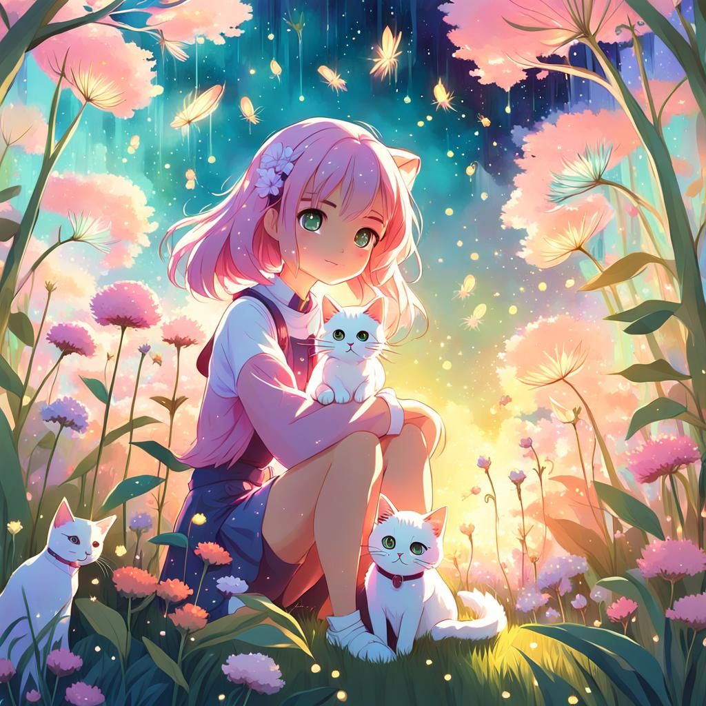 Anime Cat-Girl in a Fantasy Garden