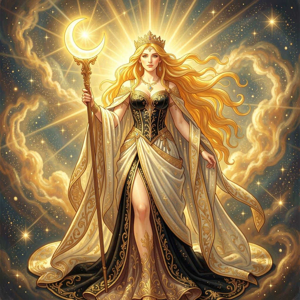 Majestic AI Goddess in Celestial Robes with Moon Staff