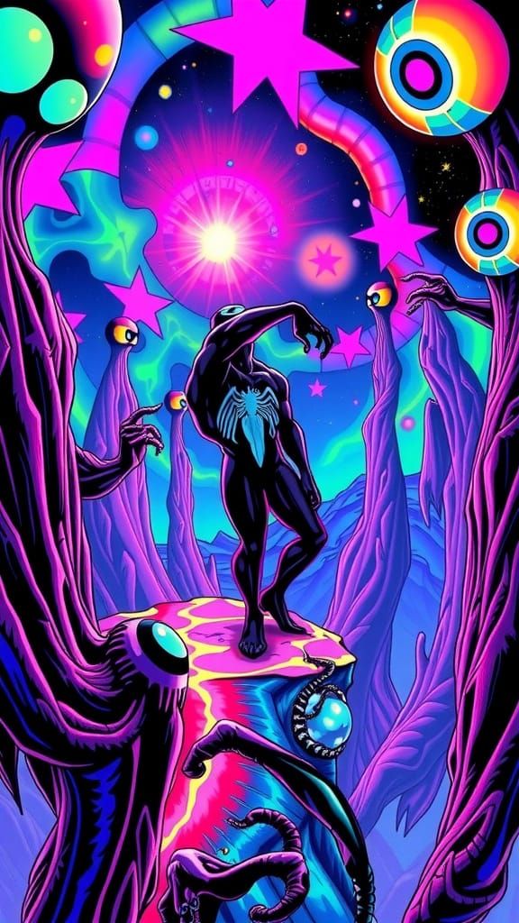 Venom and Carnage in Psychedelic Neon Landscape