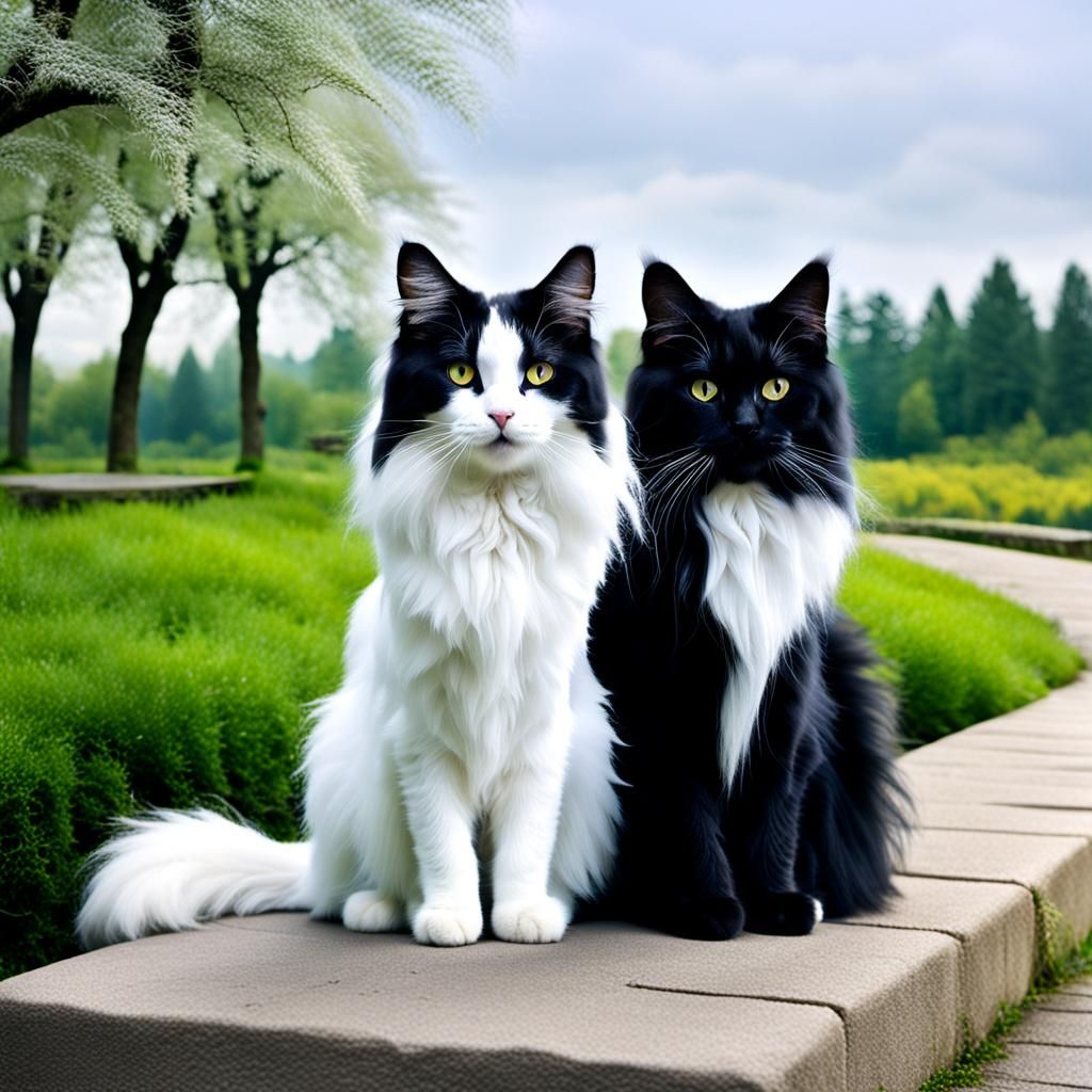 Duality: Black and White Long-Haired Cats