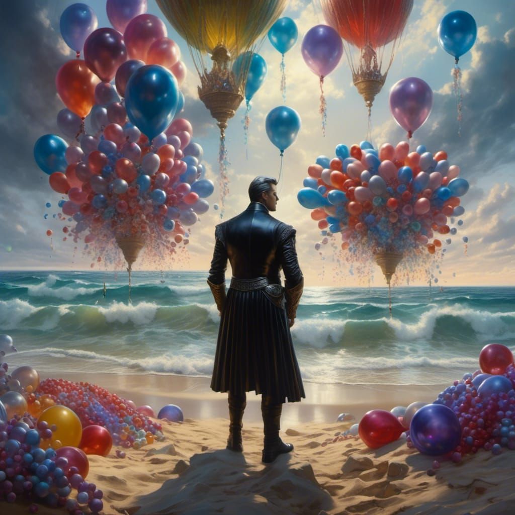 Surreal Oil Painting: Man with Balloons on Beach