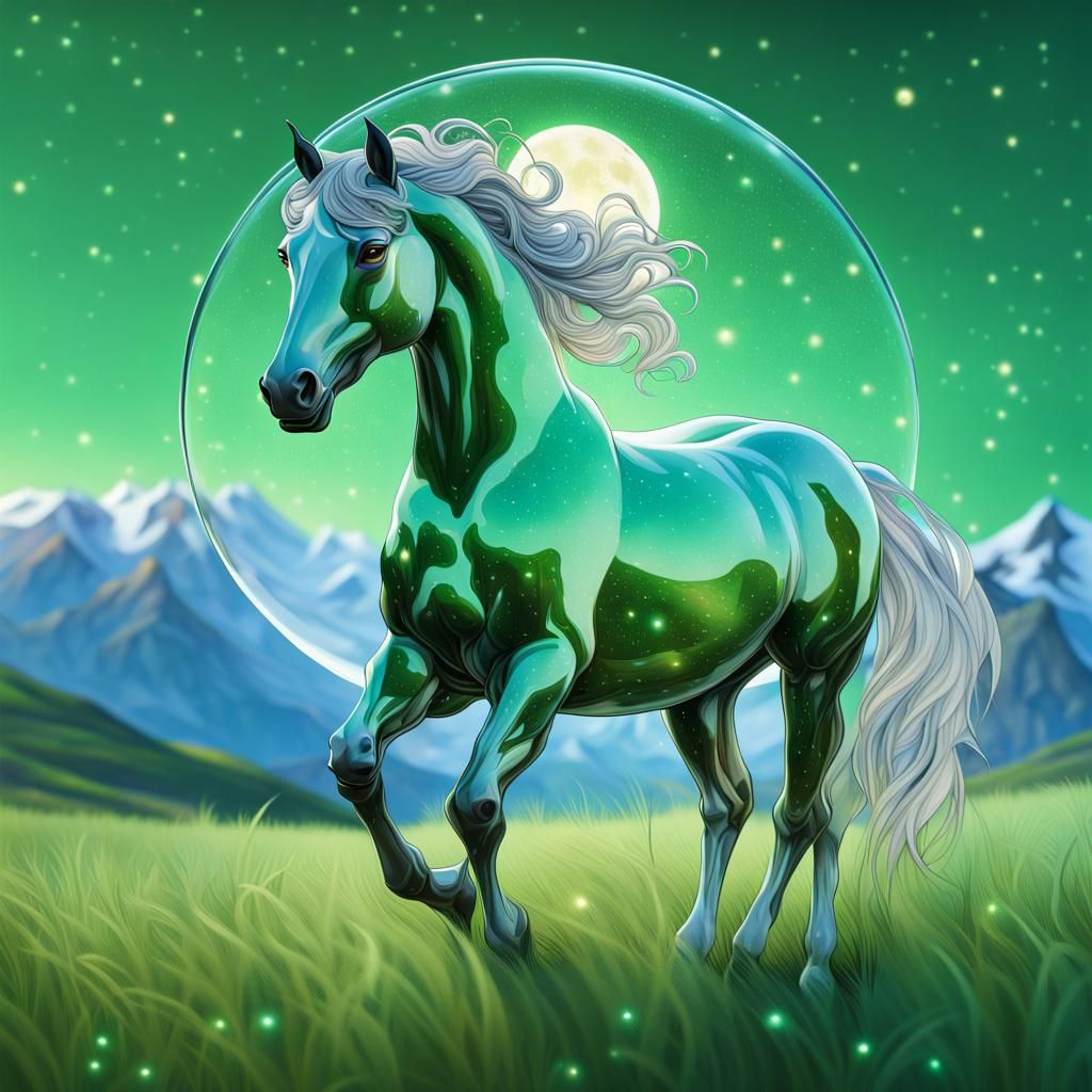 Glass Horse with Stars in Hyperrealistic Landscape