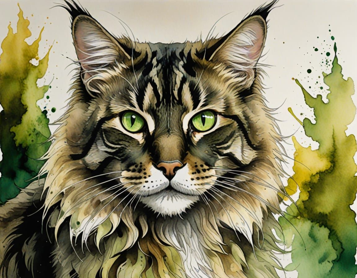 Majestic Mainecoon Cat Portrait in Watercolor Wash