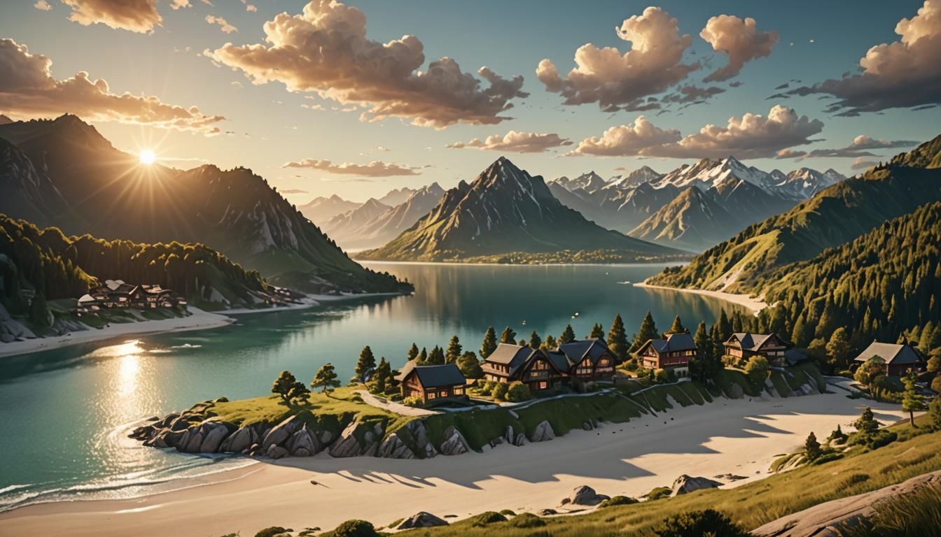 Majestic Mountains Meet Serene Sea at Dawn