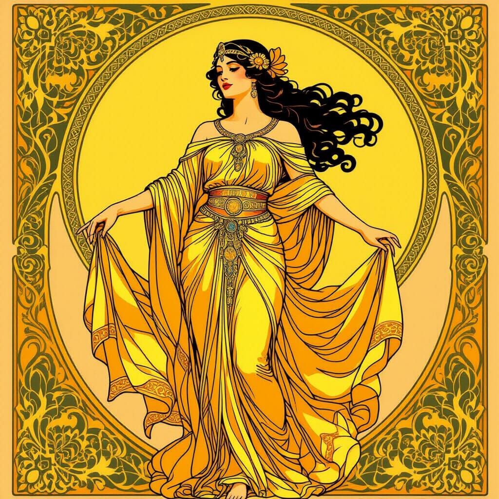 Golden Sun Goddess in Art Nouveau Style