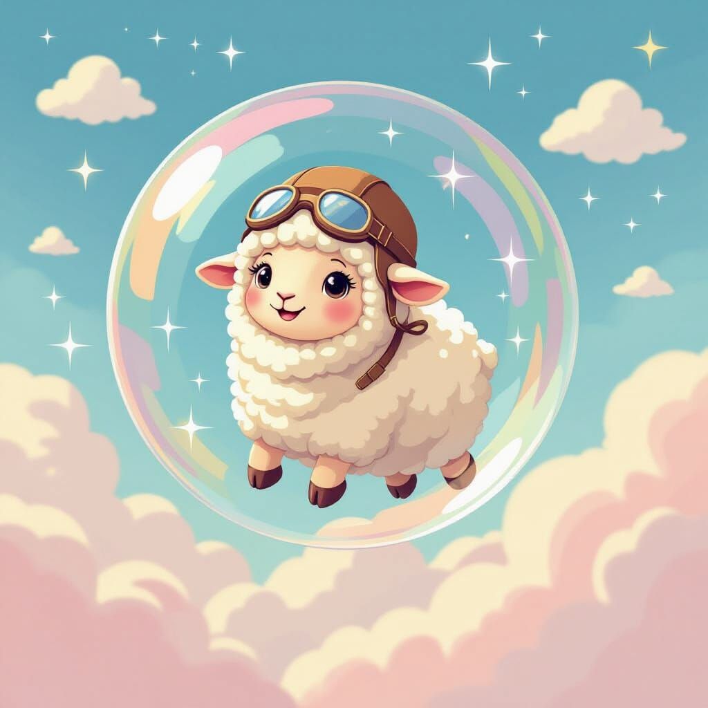 Sheep Soaring on Bubble in Pastel Sky