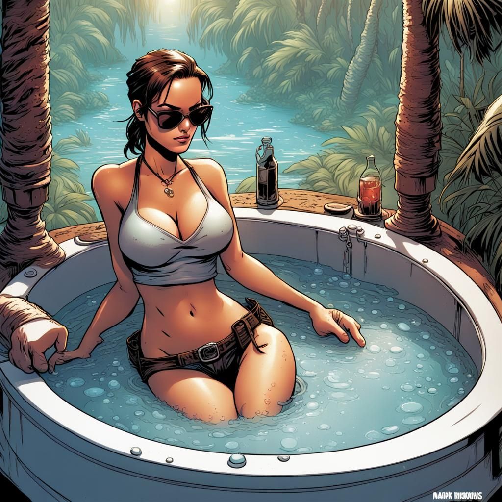 Lara Croft Relaxing in Hot Tub, Comic Book Art