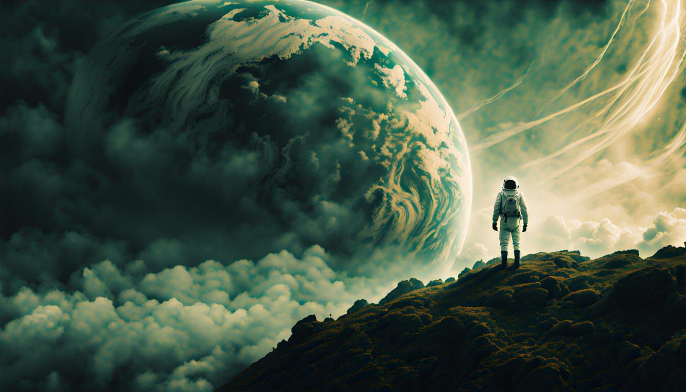 Astronaut Gazing at Nebulae: Matte Painting Style