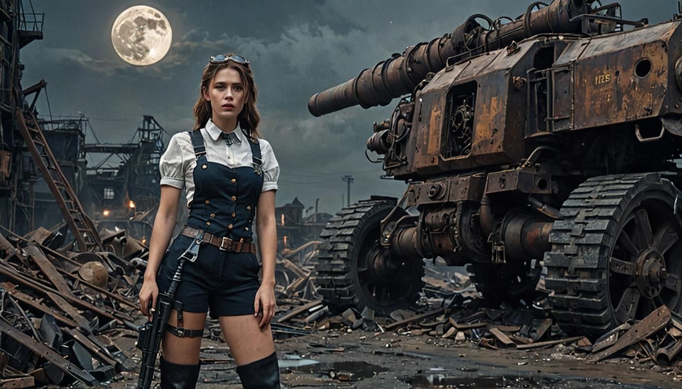 Steampunk Harvester in Wasteland with Girl, Cinematic Lighti...