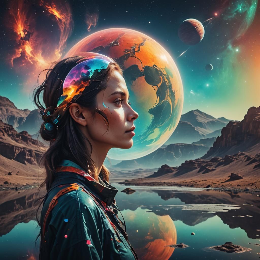 Double exposure. Side profile portrait of a beautiful woman....