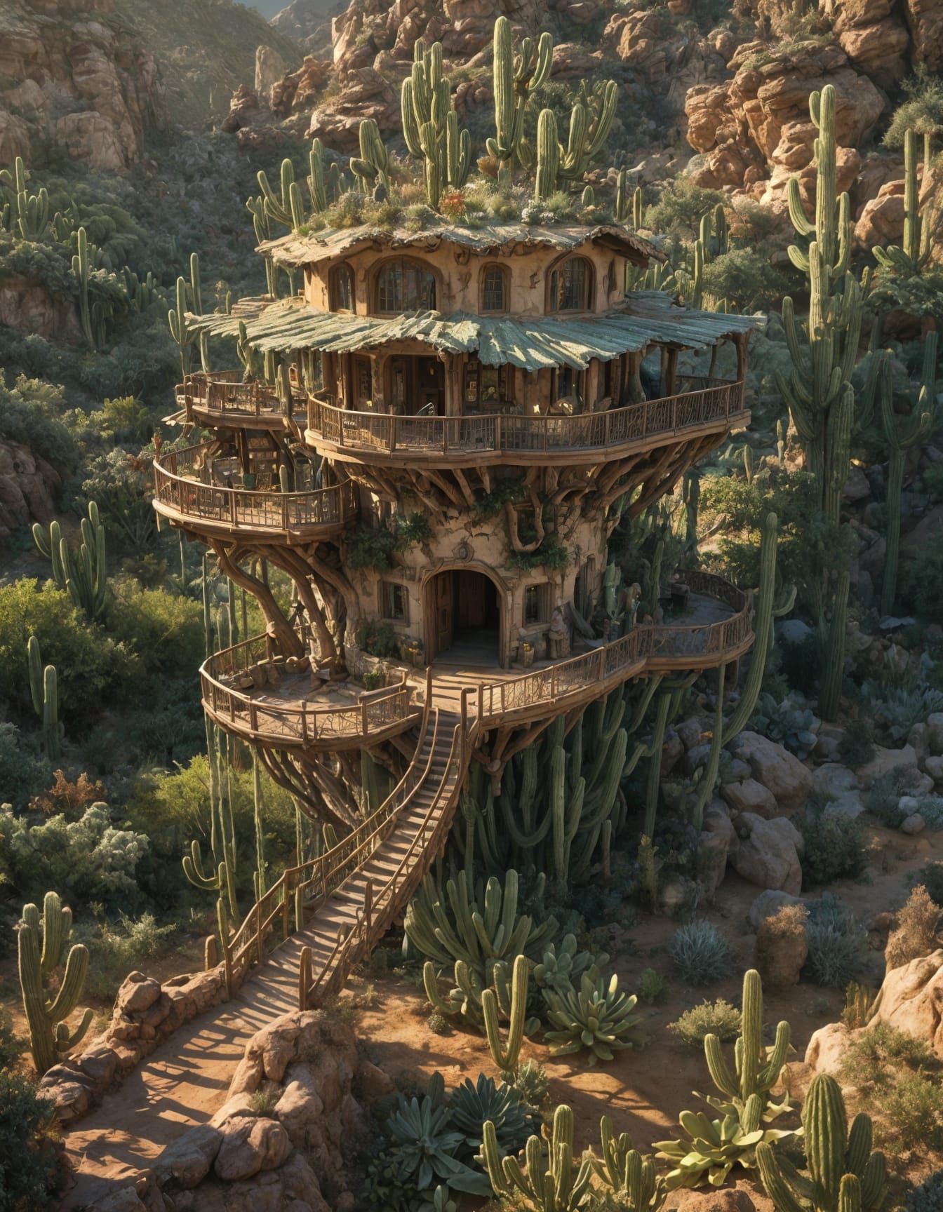 Cactus Treehouse in Sunny Desert Landscape