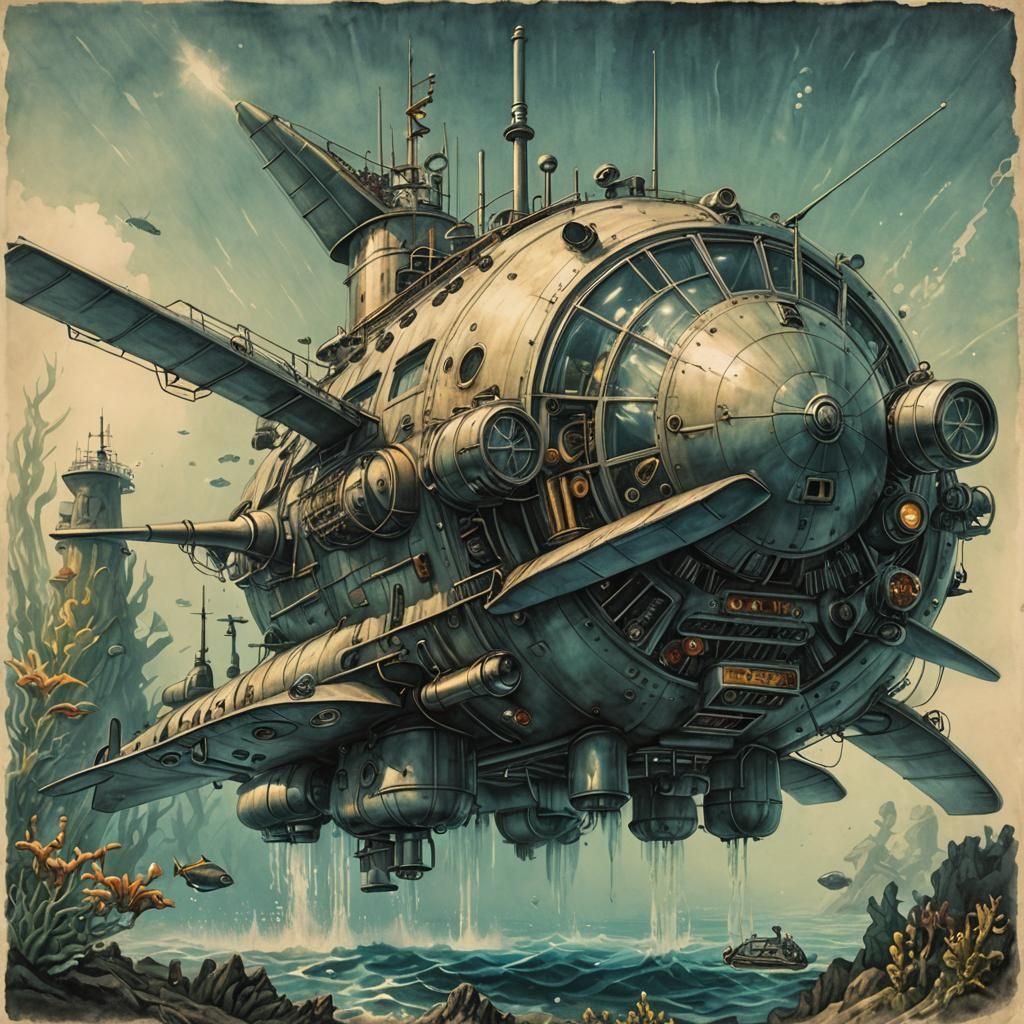 Realistic 3D Render of Retro-Futuristic Submarine