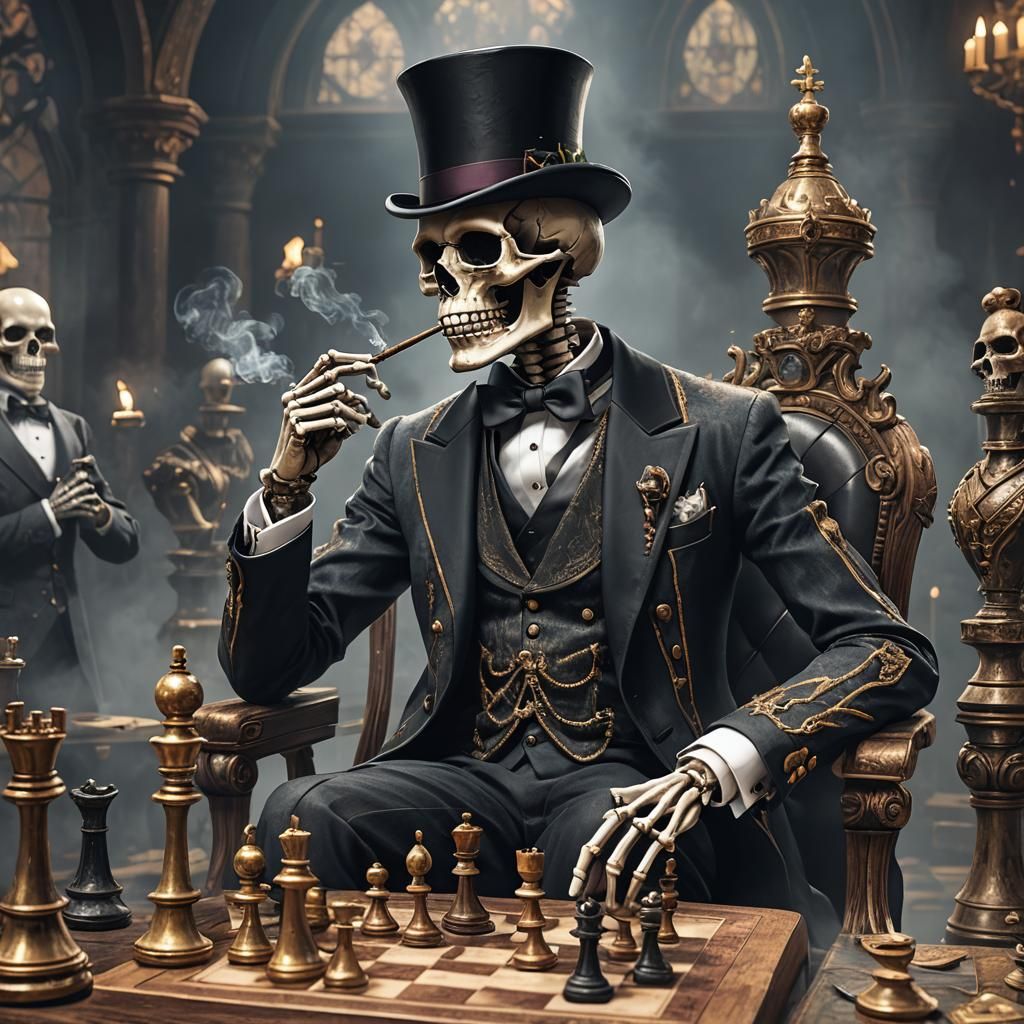 Skeleton Chess Player in Tuxedo with Pipe