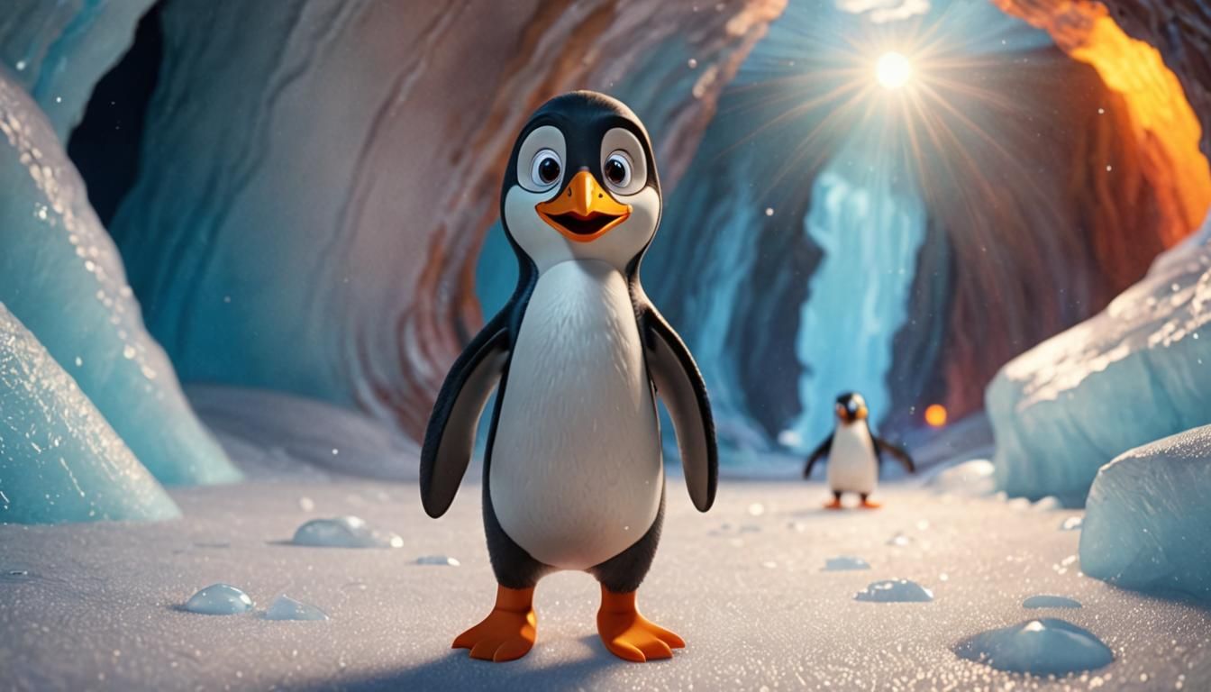 Pingu Explores Icy Cave in Pixar-Style 3D Art