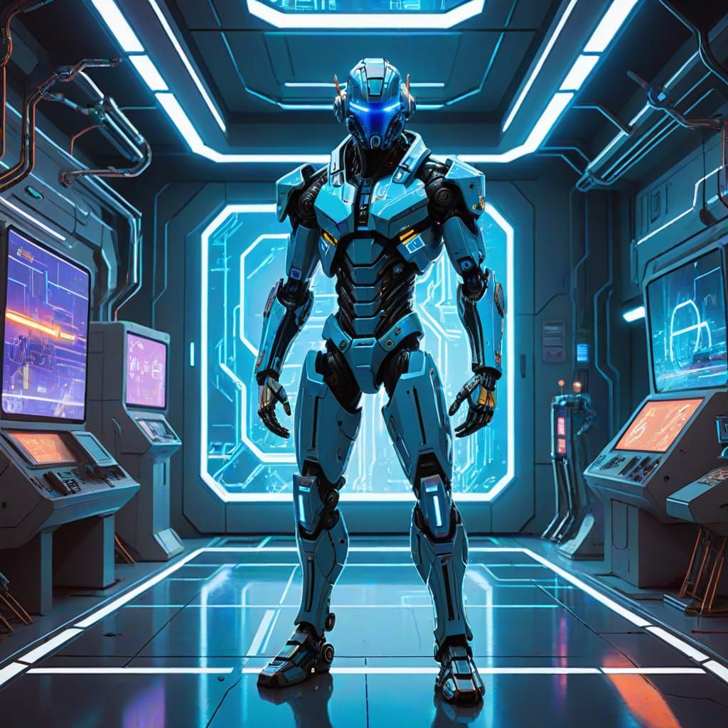 Cybernetic Warrior in Futuristic Lab