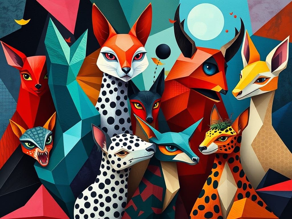 Vibrant Abstract Animal Gathering in Whimsical Cubist Style
