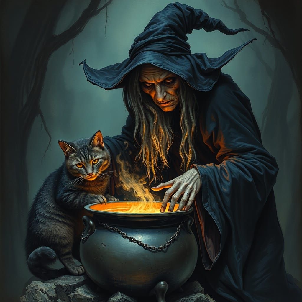 Old Witch and Cat Stirring Cauldron in Dark Fantasy Style