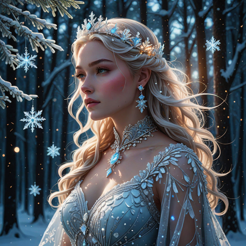 Regal Ice Queen Illuminates Crystal Orb in Ethereal Fantasy....