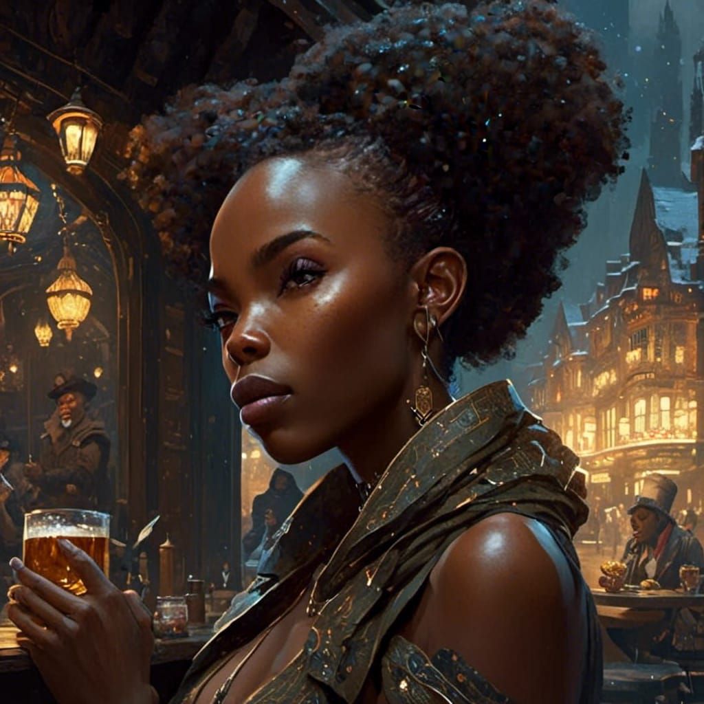 Enchanted Pub Scene with Goblin Warlock