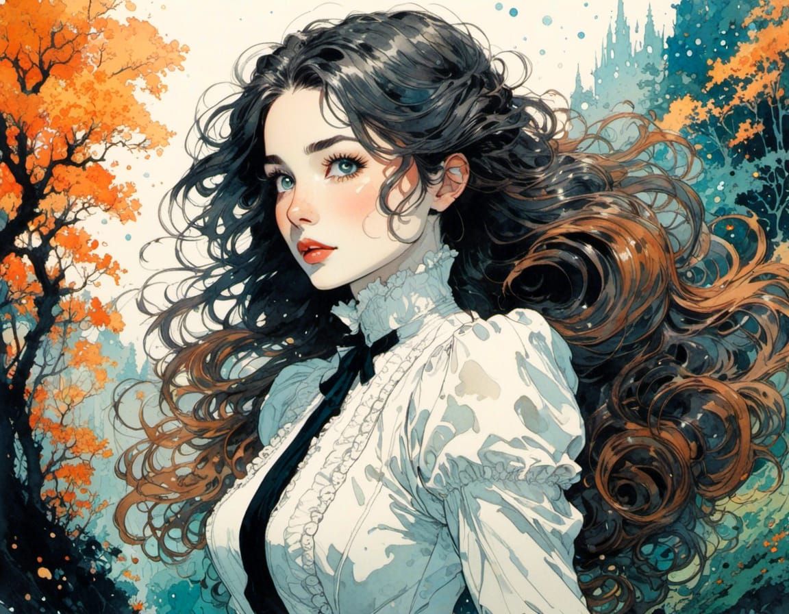 Victorian Woman in Bioluminescent Forest: Watercolor and Ink