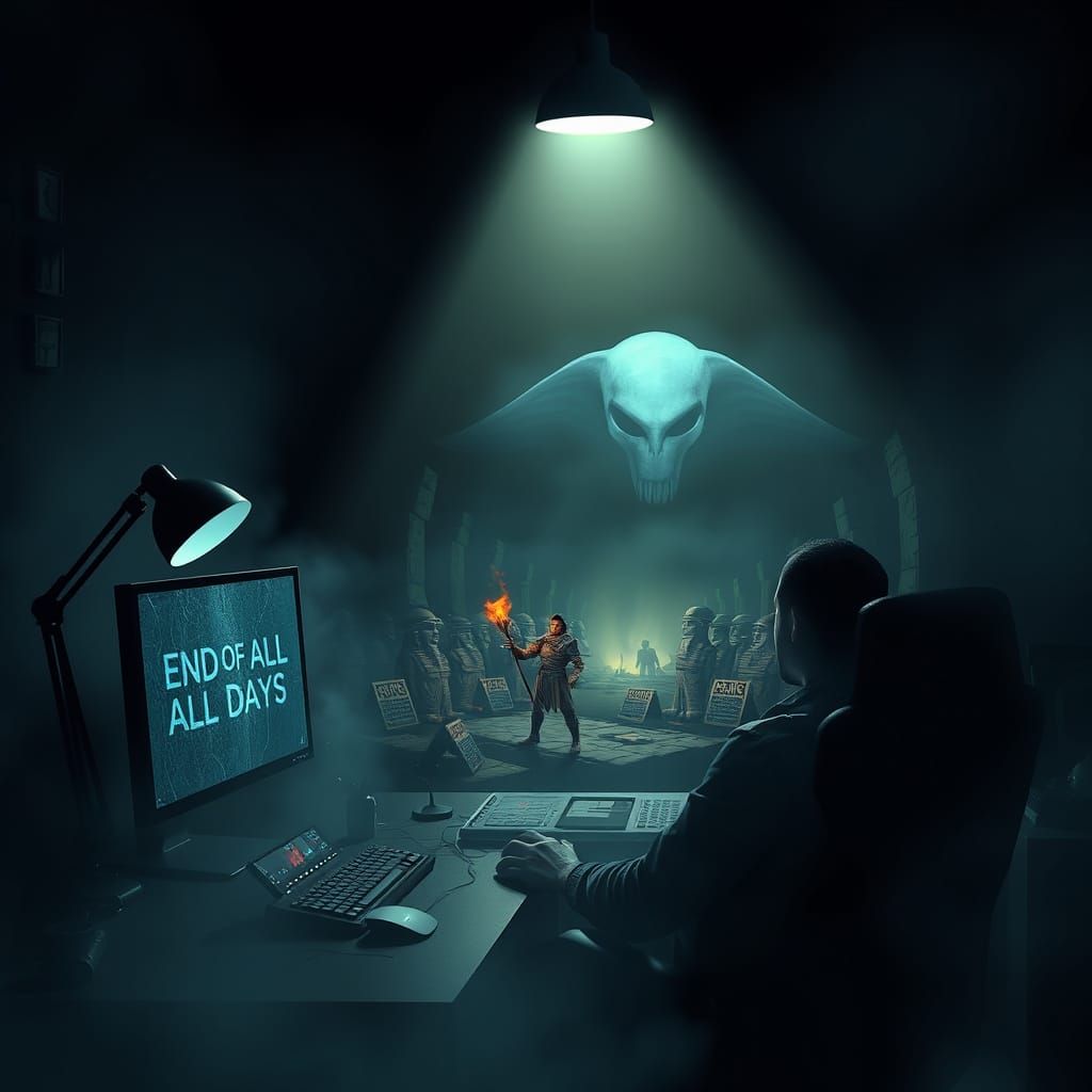 Gamer in Mystical Office Playing End of All Days